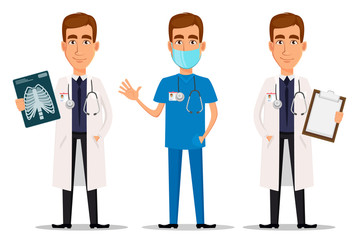 Young professional doctor, set with x-ray shot, with clipboard and waving hand