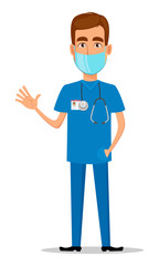 Young professional doctor in mask waving hand