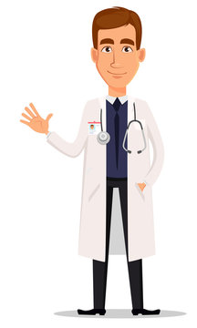 Young professional doctor waving hand