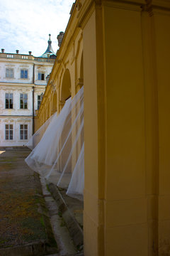 Ploskovice in the Czech Republic with curtains.