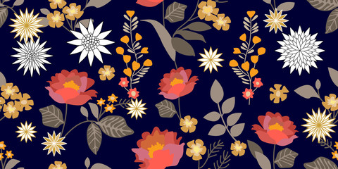 Naklejka na ściany i meble Colorful fantasy folk art style flourish border. Seamless floral pattern with blooming flowers and grey leaves. 