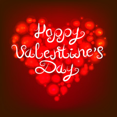A red brilliant glowing heart. The inscription is the lettering of the happy Valentine s Day. Vector illustration.