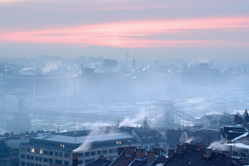 City view with steam and fog in extremely cold winter, Budapest