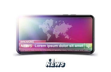 Banner Breaking News template in realistic smartphone on dark background. Concept for screen TV channel. Flat vector illustration EPS10