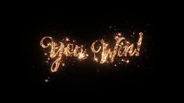 You Win greeting text with particles and sparks isolated on black background, beautiful typography magic design.