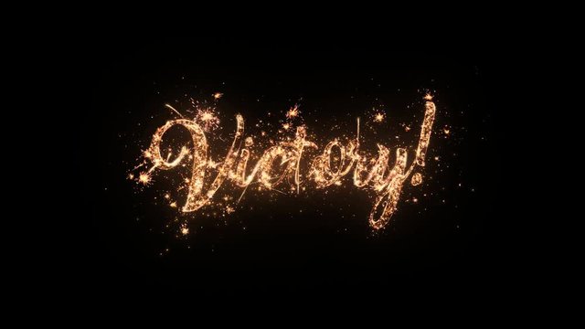 Victory greeting text with particles and sparks isolated on black background, beautiful typography magic design.