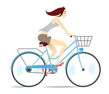 Girl Riding Bicycle. Vector Illustration Of A Beautiful Young Girl Riding A Blue Bike.