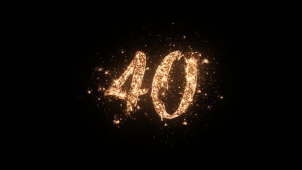 Letter 40 greeting text with particles and sparks isolated on black background, beautiful typography magic design.