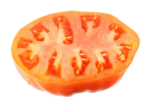 Slice of big red tomato isolated on white background