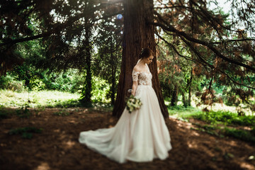 Stunning bride in elegant dress poses in the green park