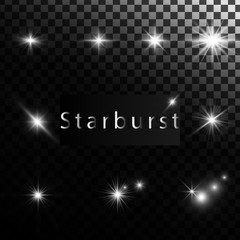 Starburst vector, stars and sparkles glowing burst, isolated in transparent black background.