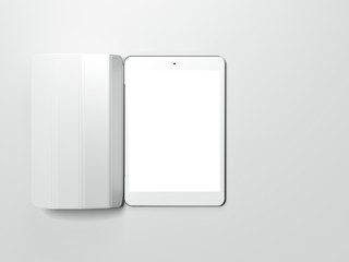 White tablet and gray opened cover. 3d rendering
