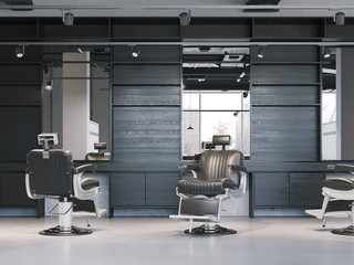 Modern barbershop interior with chairs. 3d rendering