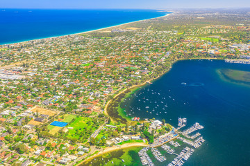 Aerial view of Peppermint Grove, a suburb of the Perth metropolitan area and Freshwater Bay. Scenic...