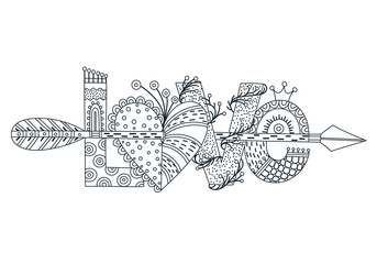 Love. Hand drawn lettering. Happy Valentine's Day. Heart with arrow. Freehand style. Doodle. Outline. Painting. Valentine card, postcard, banner, poster, print on clothes. Vector illustration, eps10