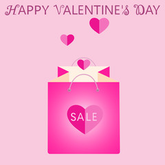 Valentine’s day sale and discount and wishing happy valentines day. Pink shopping bag with heart. Isolated vector illustration