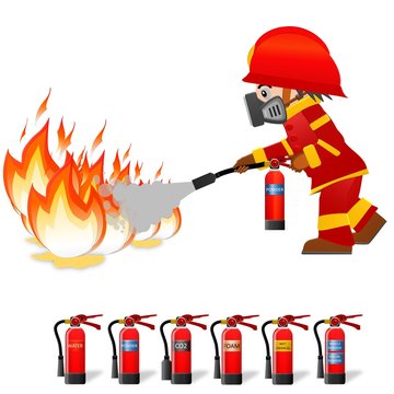 Extinguish fire. Fireman hold in hand fire extinguisher. Isolated on background. Protection from flame. Powder from nozzle.A man demonstrating how to use a fire extinguisher. Fireman wear toxic mask.