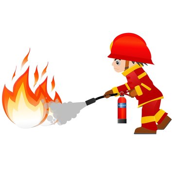 Extinguish fire. Fireman hold in hand fire extinguisher. Isolated on background. Protection from flame.  Powder from nozzle.A man demonstrating how to use a fire extinguisher.