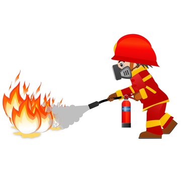 Extinguish fire. Fireman hold in hand fire extinguisher. Isolated on background. Protection from flame. Powder from nozzle.A man demonstrating how to use a fire extinguisher. Fireman wear toxic mask.