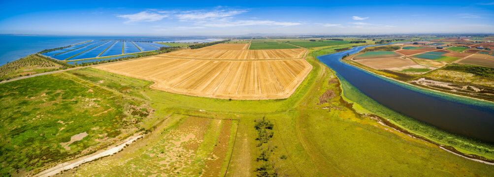 Aerial Panorama Of Werribee River, Plowed Field, And Western Water Treatment Plant. Cocoroc, Victoria, Australia