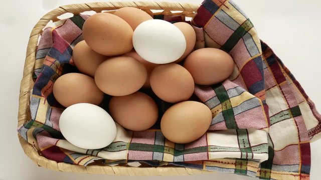 eggs in a rustic basket, a female hand puts a few