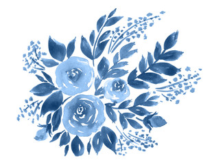 Watercolor roses bouquet in indigo blue. Hand painted floral composition