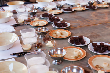 Inventory for a culinary master class, ingredients and utensils for making home-made sweets....