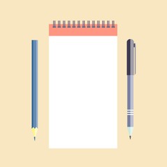 Notepad with pen and pencil. Clear document mock up template . Vector illustration