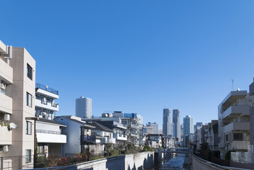 東京風景　神田川と東京都庁方面　中野新橋