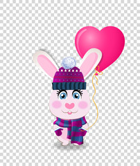 Cute cartoon rabbit in violet knitted hat
