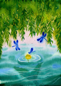 A large willow leaved above water surface with yellow sea-poppy drifting on the waves, flying blue dragonflyes and mermaind tait in the deep.
