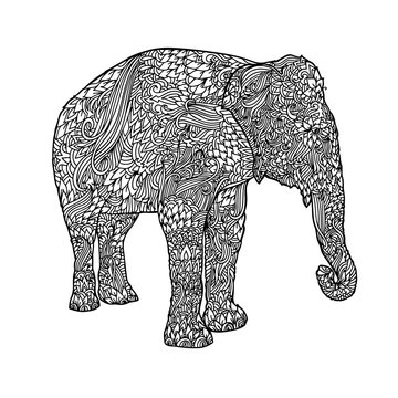 Elephant in asian style. Mandala pattern for adult coloring book. Vector black and white illustration.