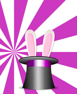 Magic hat with bunny ears on pink and white sunburst background.