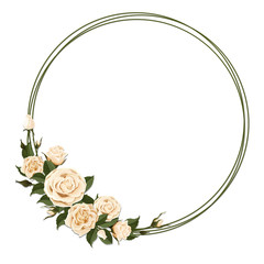 Wreath with beige rose. Floral design decor for greeting or  wedding card. Round frame made of branches. Vector template.