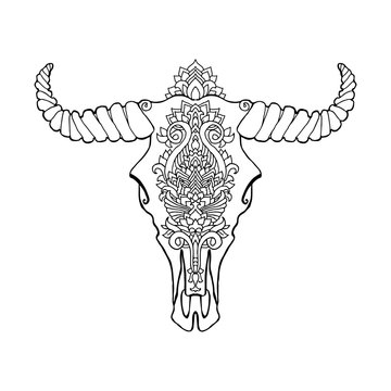 Mandala tattoo style dead cow head. Decorative ornament buffalo skull. Native indian art. Ethnic sketch design. Tribal boho style pattern. Vector illustration.