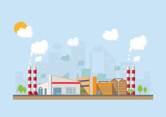 Industrial factory in a flat style.Vector and illustration of manufacturing building.Eco style concept.City landscape - obrazy, fototapety, plakaty