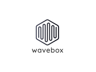 abstract hexagonal box cube with audio wave for business, apps, technology, or data logo icon. symbol template Vector illustration.