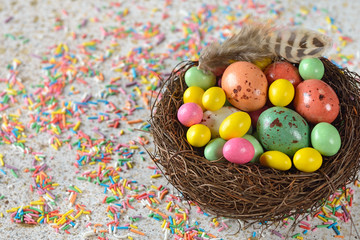 Decorative easter eggs in a nest