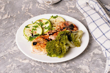 chicken with broccoli and zucchini with spices and herbs on a white plate