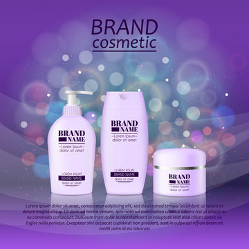 3D realistic cosmetic bottle ads template. Cosmetic brand advertising concept design with glitters and bokeh background