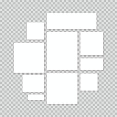 Blank white 3d paper canvas or photo frames in transparent background.Presentation photography portfolio, illustration of creative portfolio exhibition. Vector posters mockups.