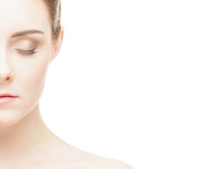 Fototapeta premium Spa portrait of beautiful, fresh and healthy woman. Human face isolated on white background.