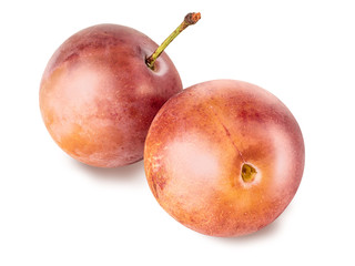 Two of plums closeup, isolated on white background. Retouched freshly ripe berries of cherry plums
