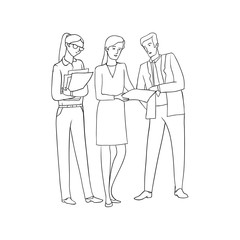 Vector sketch black contour isolated illustration of business people. Women and men at meeting and negotiations. Discussion of business documents, workflow in the office.