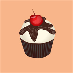 Vector illustration of  chocolate cupcake with a cherry on top