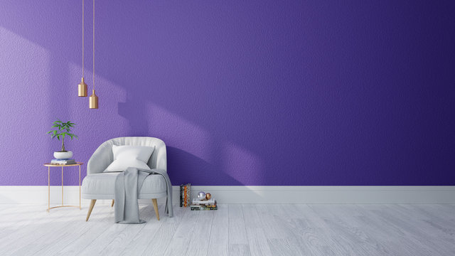Modern interior of living room ,Ultraviolet home decor concept, gray armchair  on purple wall and white floor ,3d render