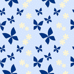 Seamless pattern vector of butterfly beautiful tiny flower. Lovely and sweet pastel yellow flower on pastel blue background.