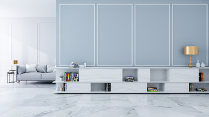TV  sideboard with gold  lamp and on light gray wall and marble floor ,luxury modern room interior,empty room /3d render