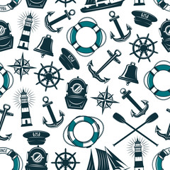 Vector nautical marine heraldic seamless pattern - obrazy, fototapety, plakaty