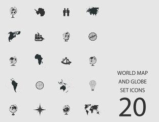 World map and globe set of flat icons. Vector illustration